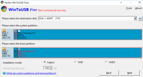 Screenshot of partition choices in WinToUSB