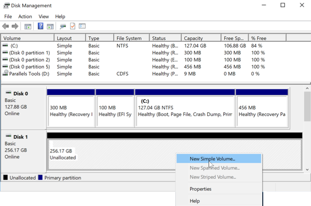 Creating a new volume with Disk Management